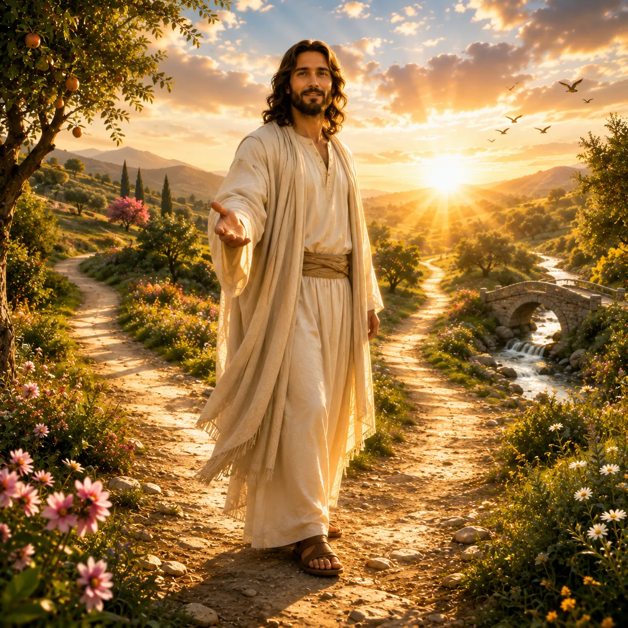 Jesus caminhando por um caminho iluminado ao nascer do sol, com a mão estendida em convite, diante de trilhas que conduzem a novos horizontes, transmitindo esperança, discernimento e confiança em Deus.