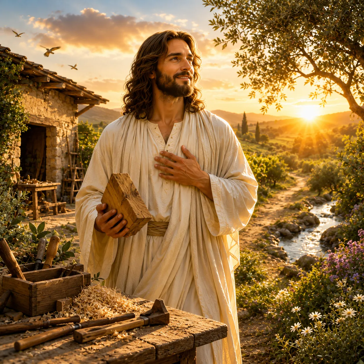 Jesus diante de uma oficina de carpintaria ao nascer do sol, segurando um bloco de madeira e transmitindo dedicação, sabedoria, propósito e dignidade no trabalho.